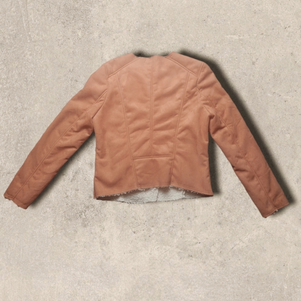 HAVE coral moto jacket faux suede sherpa lined raw hem women's Large - Picture 5 of 8